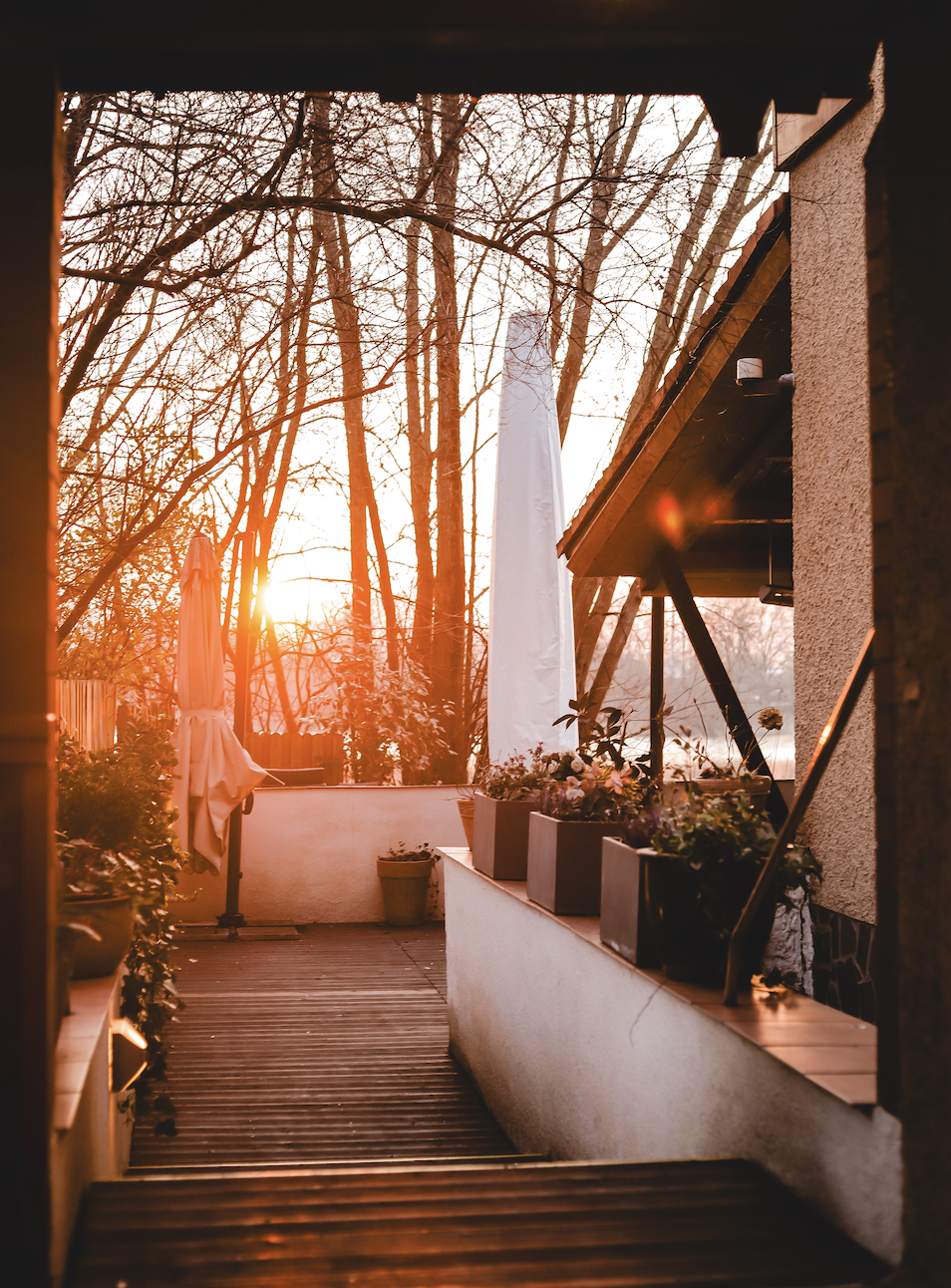 Seeterrasse der Villa Lacus in Bensheim mit gedeckten Tischen direkt am See